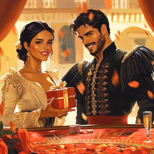 Casinia Casinon pelaajat juhlivat tervetuliaisbonuksen voittoa punaisen rulettipöydän äärellä, kultakolikoiden, samppanjalasien ja putoavien ruusun terälehtien ympäröimänä ylellisessä salissa.