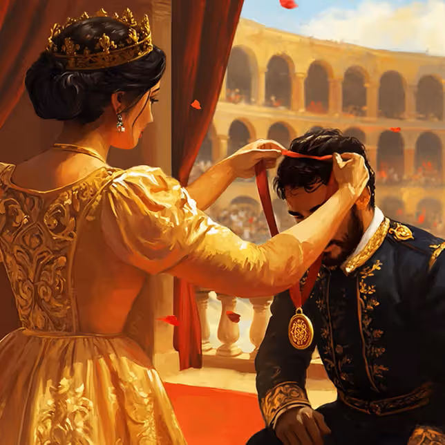 Casinia Casinon kuningatar asettaa kultaisen mitalin voittajan kaulaan suuressa areenassa – symboloiden kunniaa, voittoa ja eksklusiivisia kasinopalkintoja.