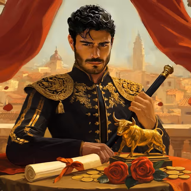Tyylikäs Casinia Casinon edustaja kultaisessa asussa istuu kasinopöydän äärellä, jossa on kultainen härkäpatsas, ruusuja ja pelimerkkejä – symboloiden voimaa, arvovaltaa ja luksuspelaamista.