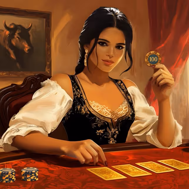 Casinia Casinon naisjakaja pitelee kultaista pelimerkkiä ja hymyilee pelaajille vilkkaassa kasinosalissa, jossa on kortteja, pelimerkkejä ja lämpimää valaistusta.