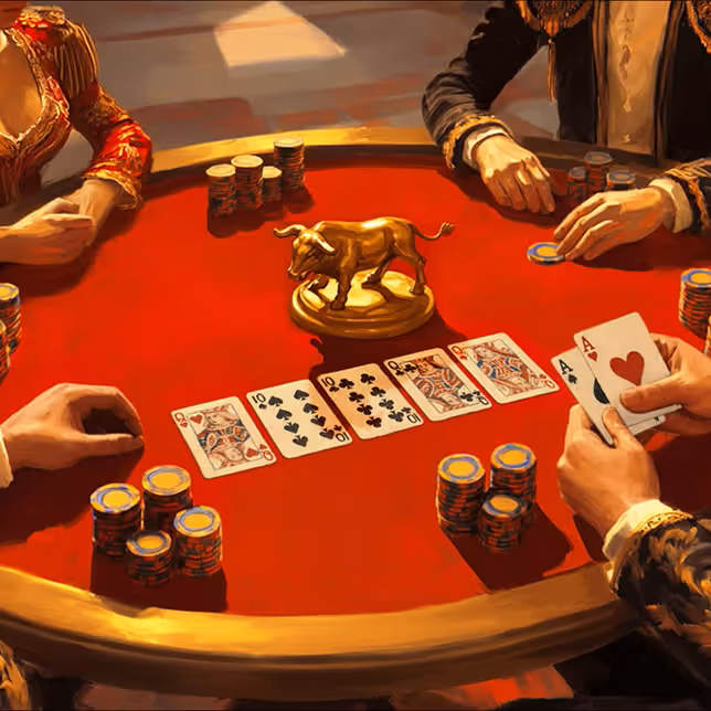 Casinia Casinon pokeripöytäkohtaus, jossa pelaajat paljastavat korttejaan, vaihtavat pelimerkkejä ja keskellä pöytää on kultainen härkä – korkean panostuksen kasinotoimintaa parhaimmillaan.